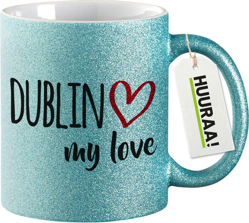Huuraa Glitzertasse Dublin my love 330ml Blau Keramik Kaffeebecher Geschenkidee
