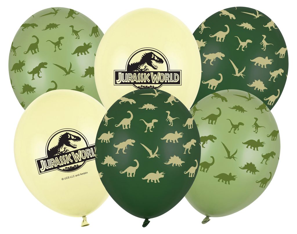 Ballonset aus 6 starken Luftballons mit Jurassic World Logo und Dino Muster in 3 Pastellfarben, für Helium oder Luft