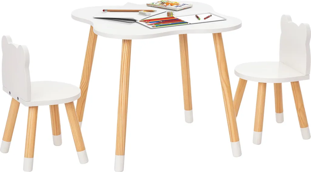 Table et 2 chaises enfant en bois de pin motif ours mignon et blanc