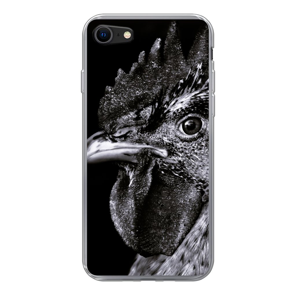 MuchoWow Handyhülle Schutzhülle Hülle für iPhone SE 2020 Hahn - Vogel - Schwarz - Weiß Silikon Softcase Handy Hülle - Kartenbesitzer