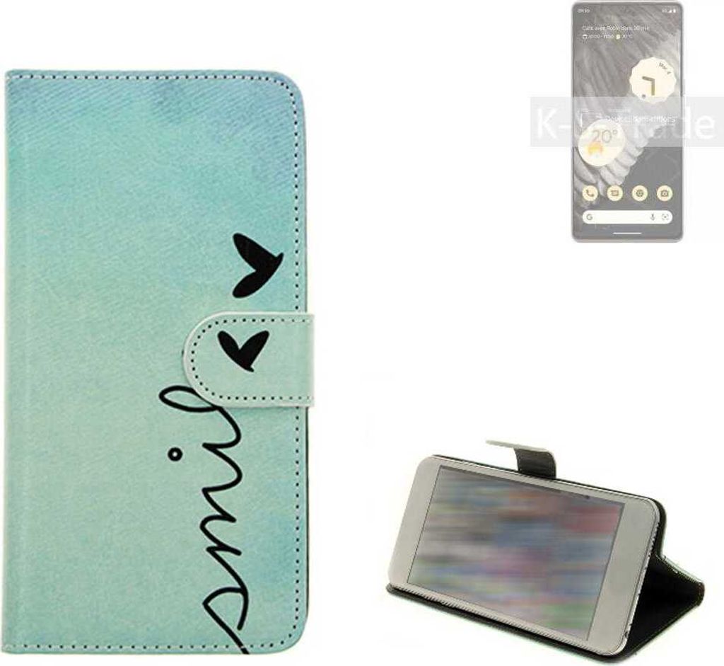 K-S-Trade Schutz Hülle Handy Hülle kompatibel mit Google Pixel 7 Pro Hülle Handyhülle cover bookstyle Etui Handyhülle ''smile'' türkis