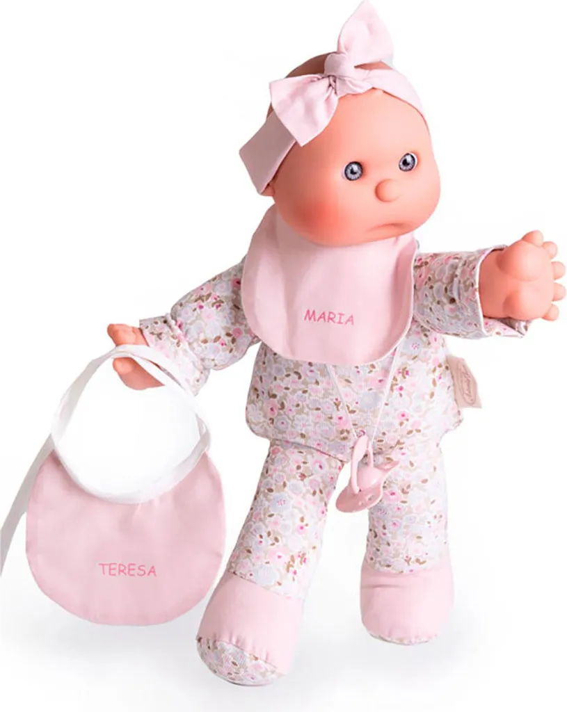 Poupée Antonio Juan Mon Premier avec bavoir rose personnalisé 12 mois