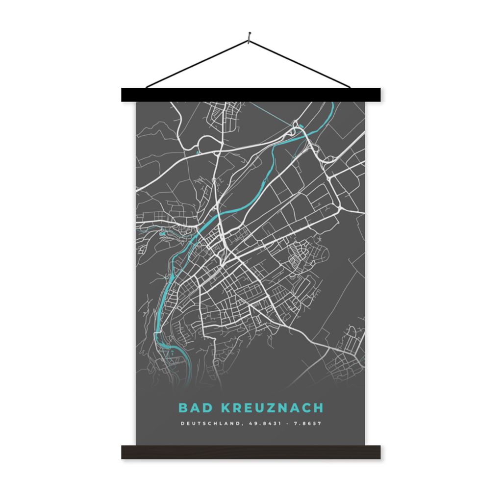 MuchoWow Textilposter Bad Kreuznach - Stadtplan - Blau - Karte - Deutschland 40x60 cm mit schwarzem Rahmen - Wanddekorationen