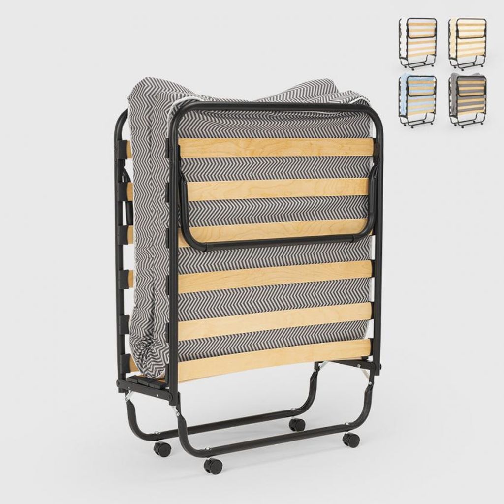 A folded bed with a mattress on a light gray background.