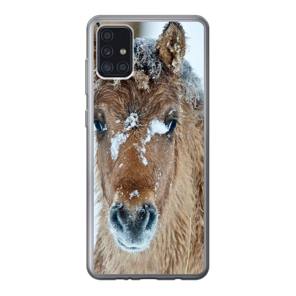 MuchoWow Handyhülle Schutzhülle Hülle für Samsung Galaxy A52 5G Junges Fjordpferd mit Schnee bedeckt Silikon Softcase Handy Hülle - Umschlag