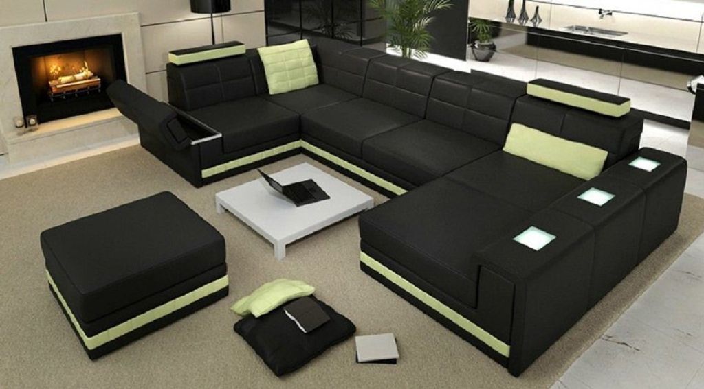 Ecksofa U Form Polster Couch Ledersofa + Hocker