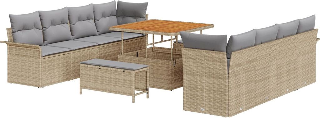 Möbel 11-teiliges Garten Sofa Set mit Kissen Beige Poly Rattan Akazie, 2-Sitzer Garten Sofa mit Stauraum und Kissen Beige Poly Rattan, 3-teiliges ...