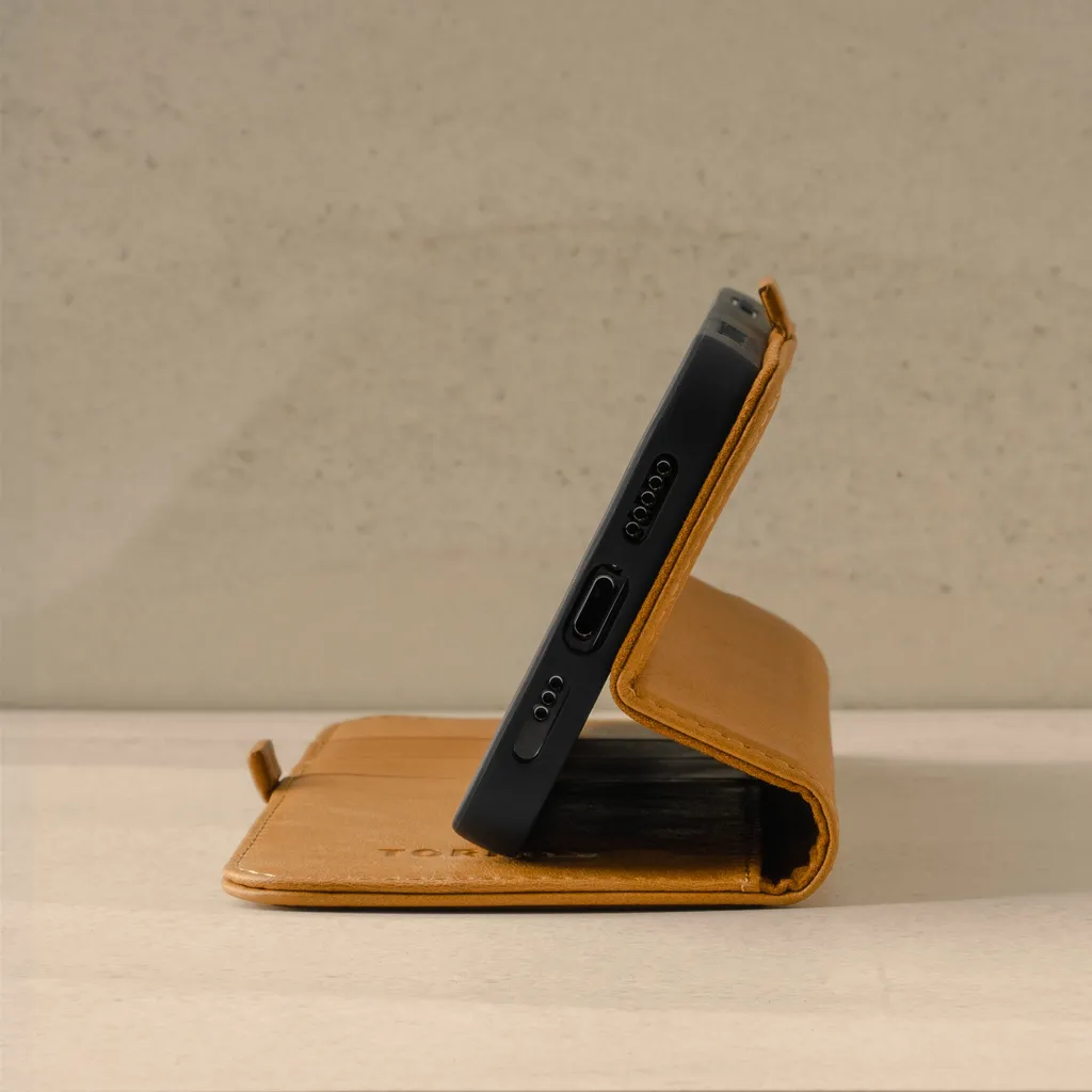 Custodia Portafoglio iPhone 12 TORRO in Pelle Marrone Chiaro - Stand - 6