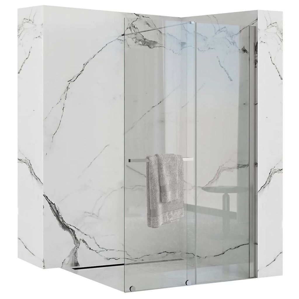 A modern shower enclosure with marble-effect walls and a towel hanging on a rack.