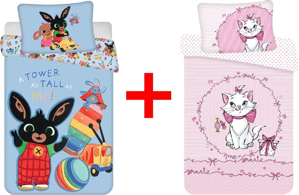 Kinderbettwäsche Bing Bunny und Marie Aristocats 100 x 135 Bettdecke + 40 x 60 cm Kopfkissen, 100% Baumwolle für Babys, Kinder, Geschenk-Set