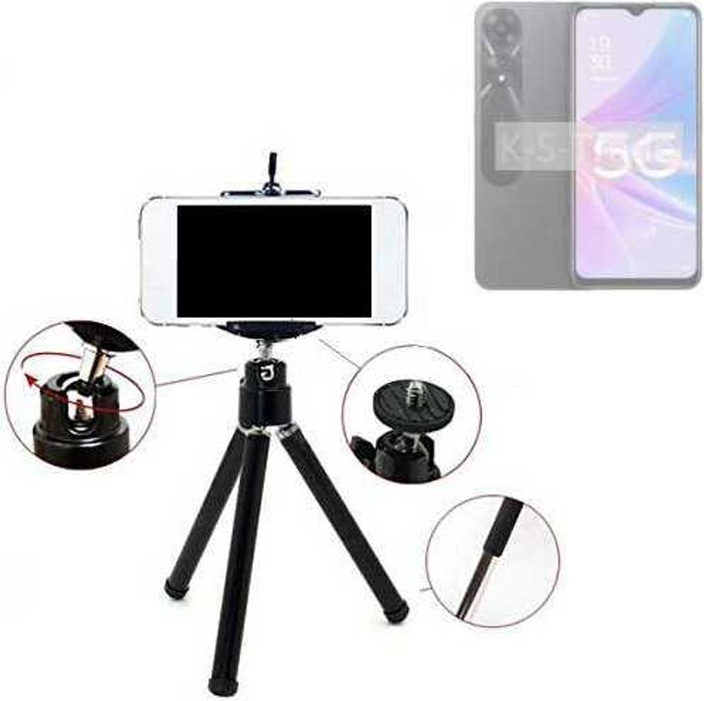 K-S-Trade Smartphone Stativ Dreibein kompatibel mit Oppo A1 Energy Edition 5G Tripod aus Aluminium Klemmstativ Stativ Adapter für Mobiltelefone