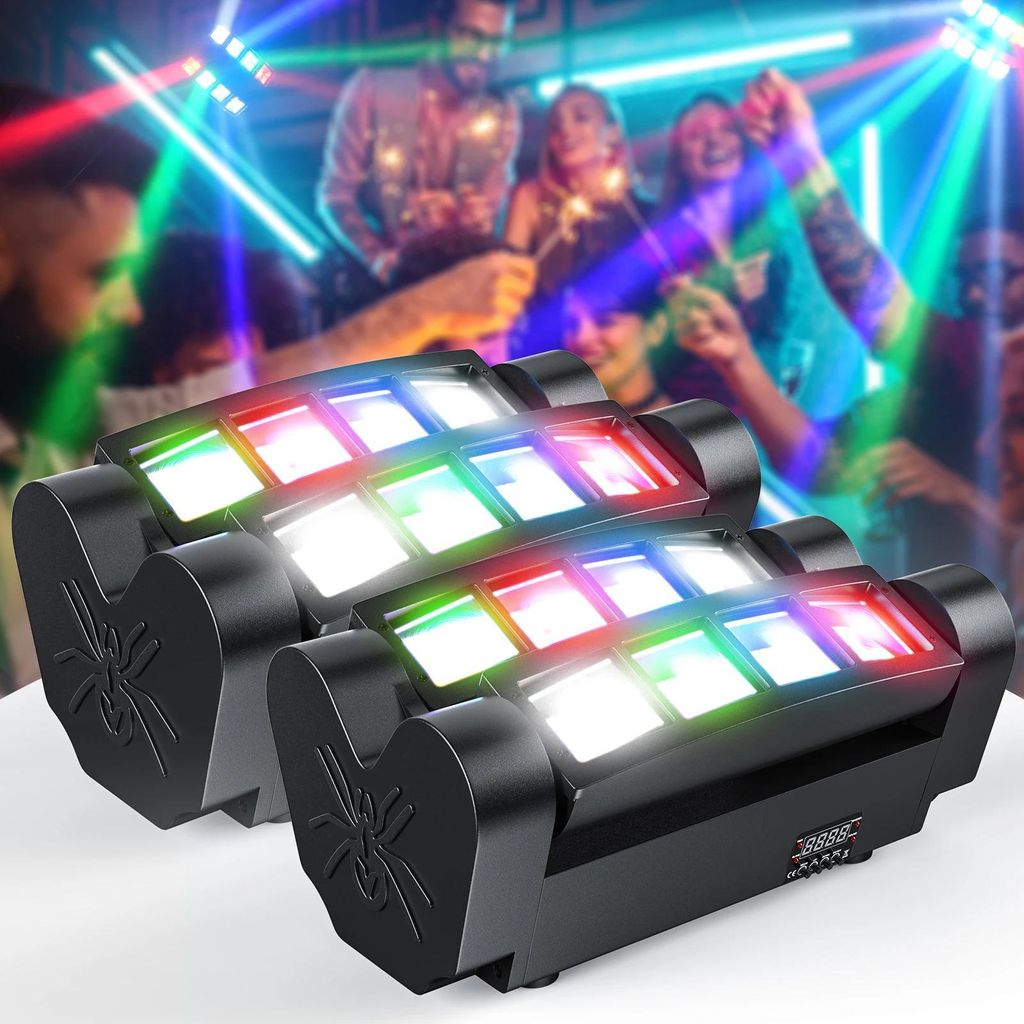 2er Set LED Spider Beam - Moving-Head Bühnenlicht - 8×10W RGBW - DMX512 7/15 Kanäle - Sound/Auto/Master-Slave - LCD-Display - EU-Stecker