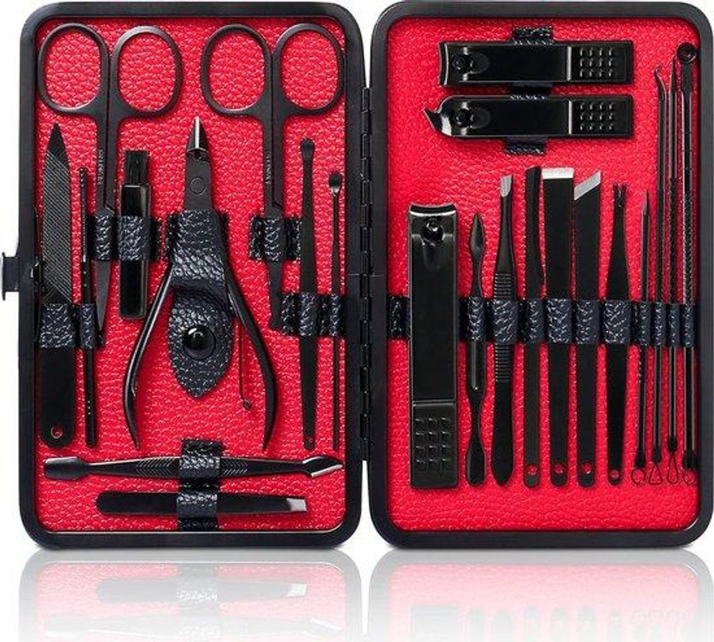 Nagelknipper-Set, 23-teilig, roestvrij stahl, tragbar, Reise-Set, schwarzes Leder, Männer-Nagelset