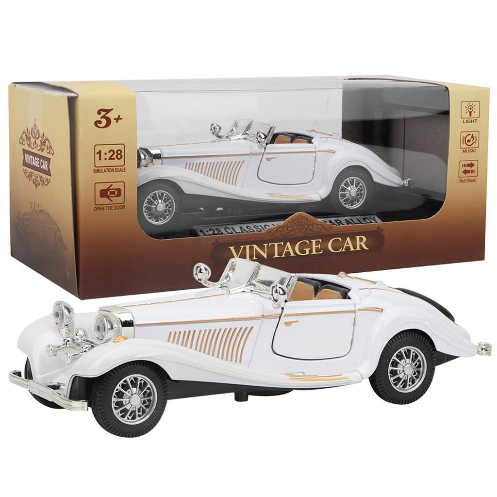 Vintage-Spielzeugauto für Kinder mit hoher Simulation, Sound und Licht, zum Zurückziehen, Legierungsfahrzeug (weiß)