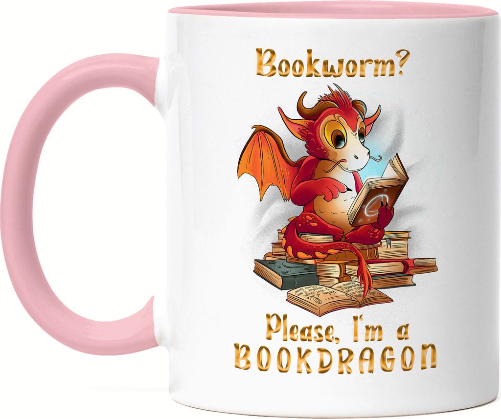 Bookworm? Please, I Am A Bookdragon Tasse Rosa Buch Lesen Bücherwurm Drachen Bildung Bücher