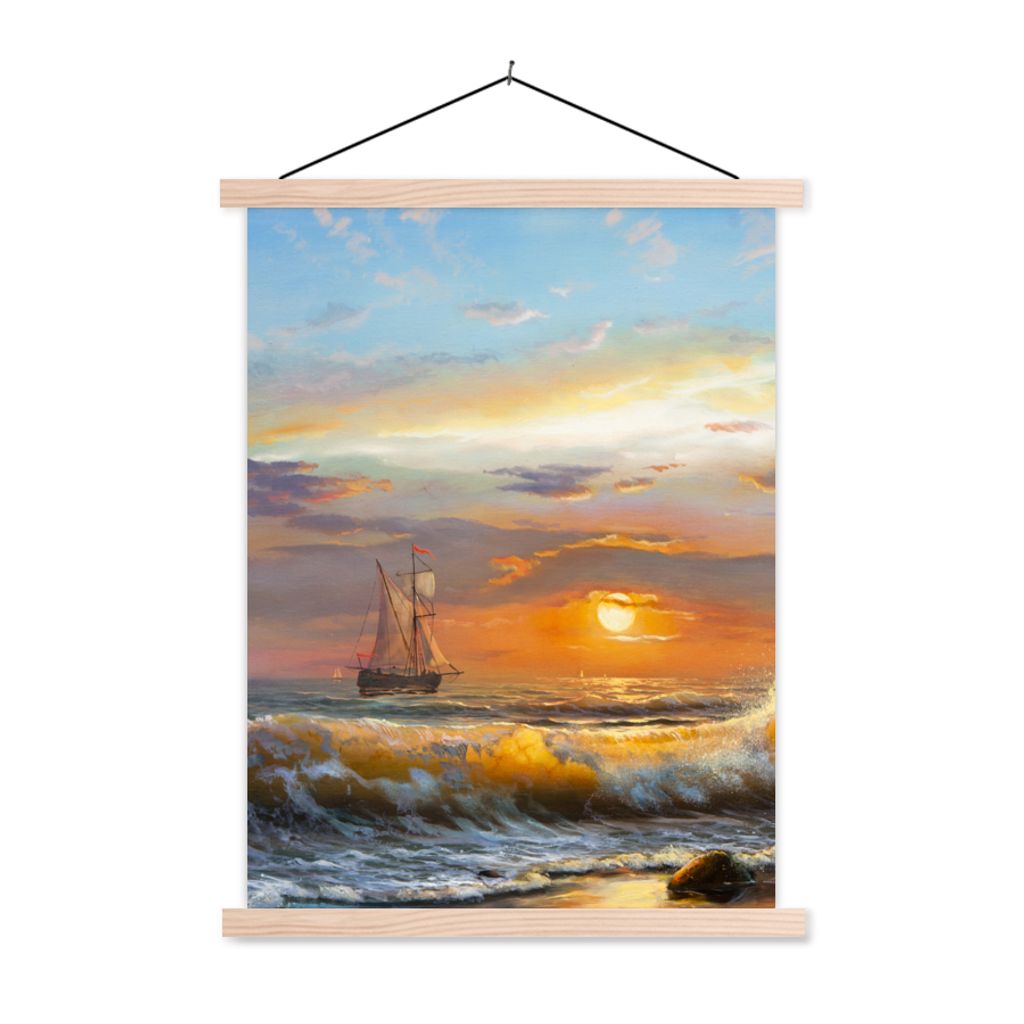 MuchoWow Textilposter Malerei - Wasser - Segelboot - Ölfarbe 40x53 cm mit holzfarbenen Rahmen - Schlafzimmer