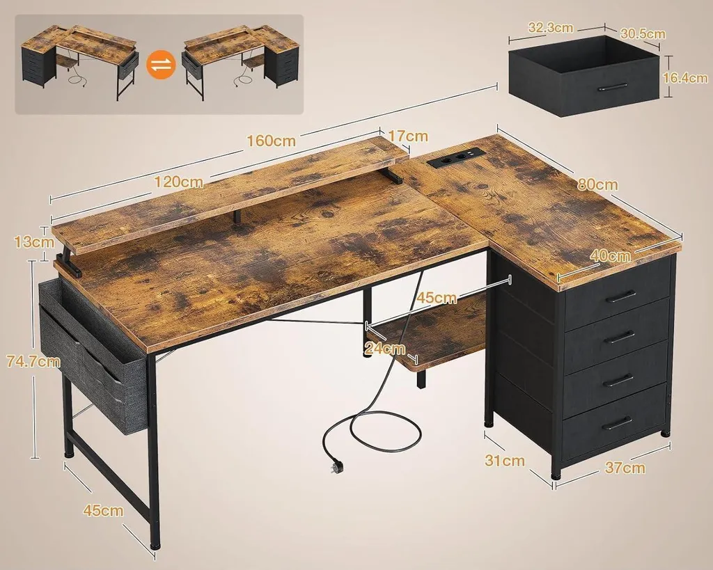Bureau d'angle ergonomique 160cm avec port USB et support de moniteur