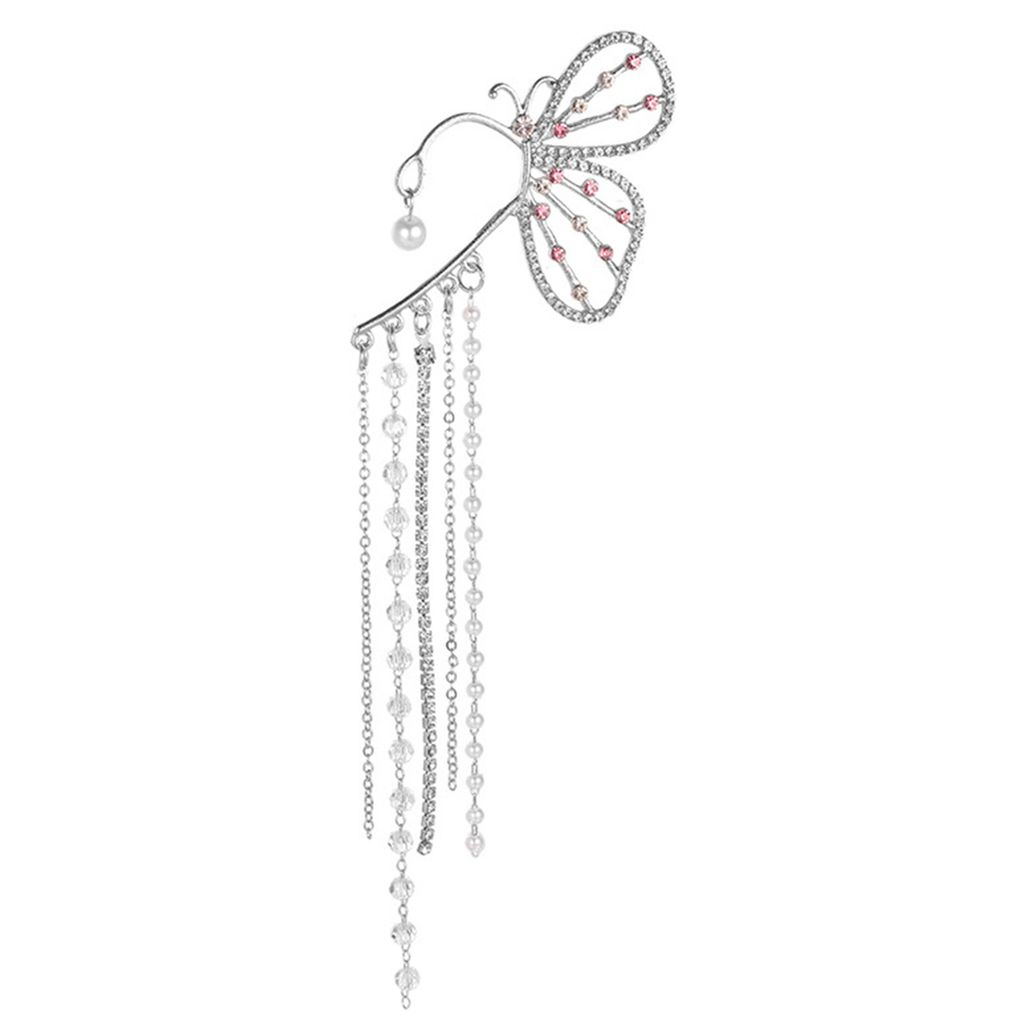 1Pc Faux Perle Dekor Nicht Durchbohrten Lange Ohr Manschette Frauen Elegante Strass Schmetterlinge Form Quaste Ohrring Schmuck Zubehör-Left