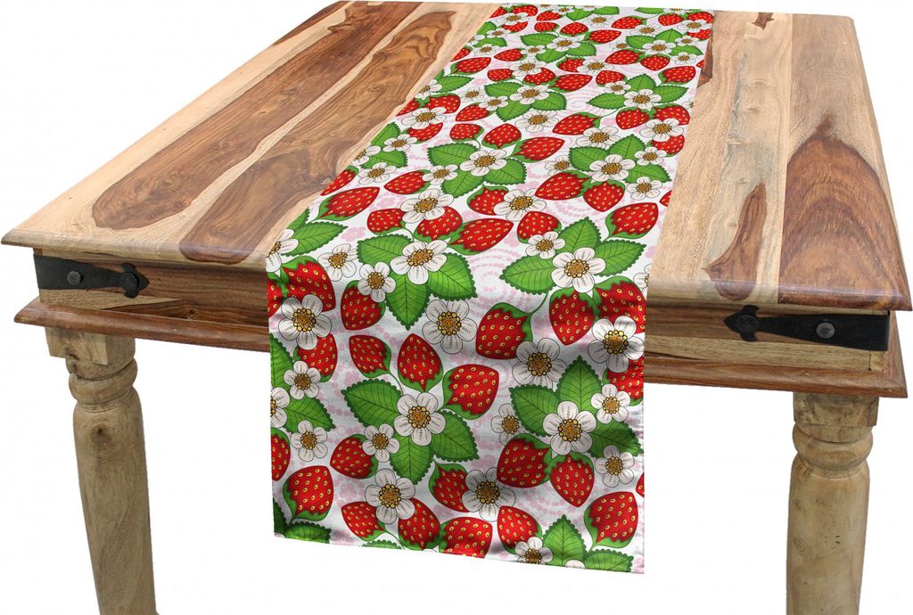 ABAKUHAUS Frühling Tischläufer, Floral Strawberry Szene, Esszimmer Küche Rechteckiger Dekorativer Tischläufer, 40 x 180 cm, Grün Rot