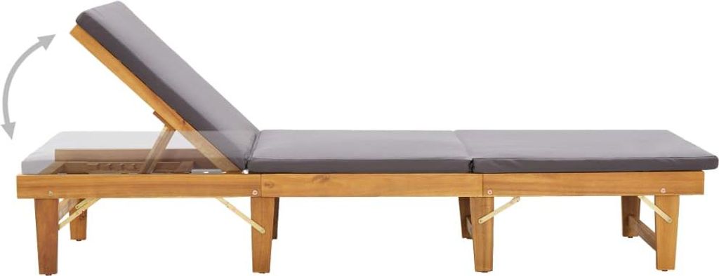 A wooden sun lounger with a gray cushion, shown against a white background. The backrest is adjustable.