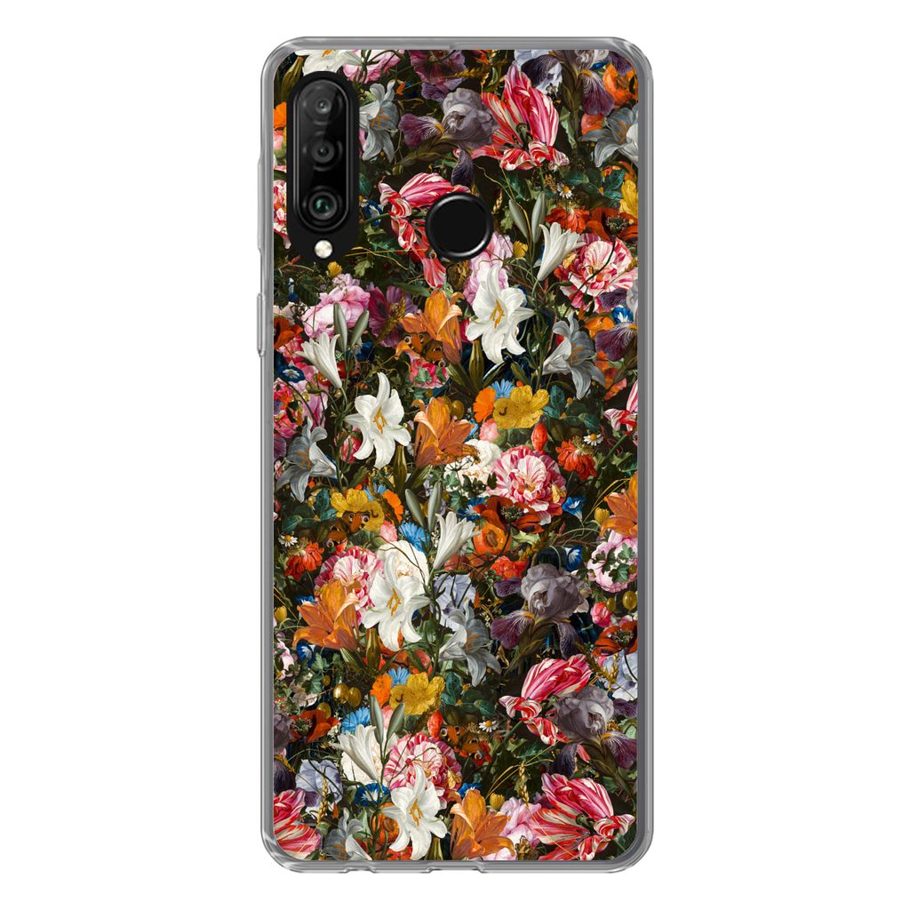 MuchoWow Handyhülle Schutzhülle Hülle für Huawei P30 Lite Blumen - Schmetterling - Design - Kunst - Abstrakt - Malerei - Alte Meister Silikon...
