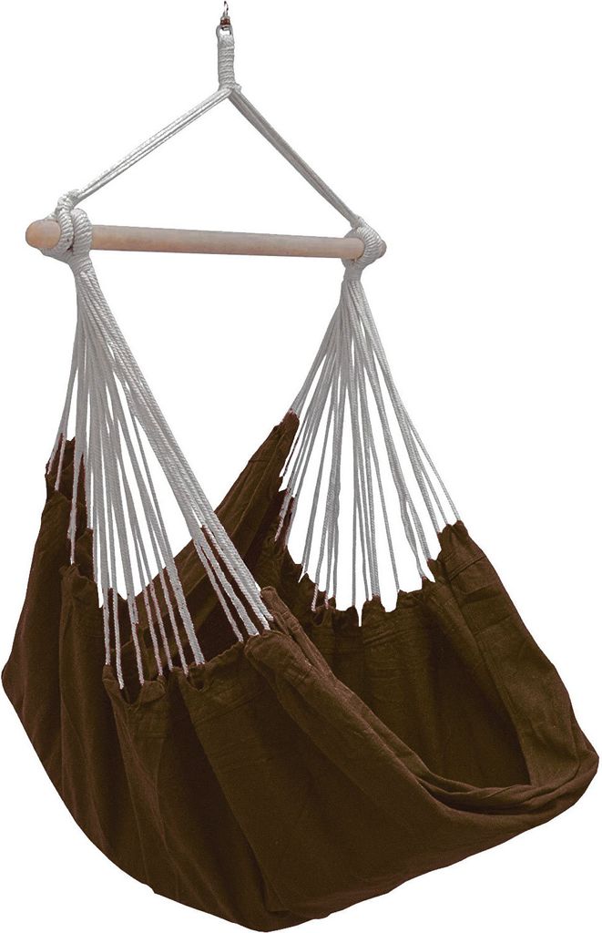 A brown fabric hammock chair with white ropes and a wooden spreader bar, suspended against a white background.
