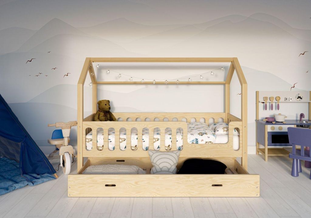 Kinderbett TRANO PP mit Schublade und Schutzbarriere – 80x180 cm, ausem Naturholz, stabil & sicher, einfache Montage, inkl. Lattenrost