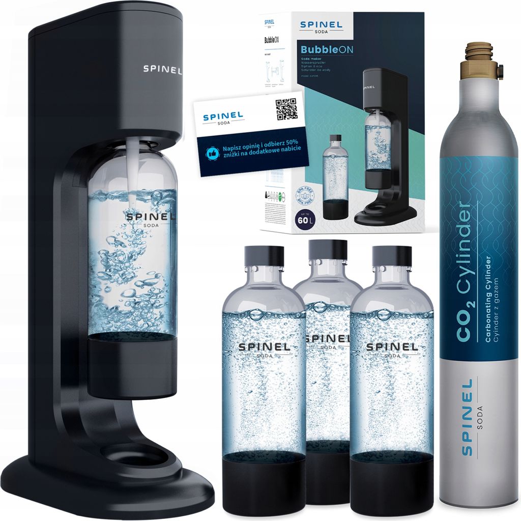 Spinel Soda BubbleON Wassersprudler Set Schwarz 3 Flasche 1L CO2 Zylinder