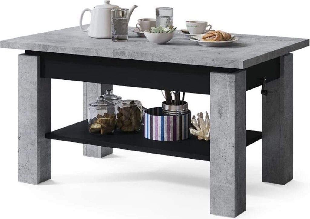 All4All Couchtisch Astra BETONOPTIK + SCHWARZ , Kaffeetisch , Wohnzimmertisch , Sofatisch mit Ablage , höhenverstellbar , Sofatisch , 110x68cm , 05