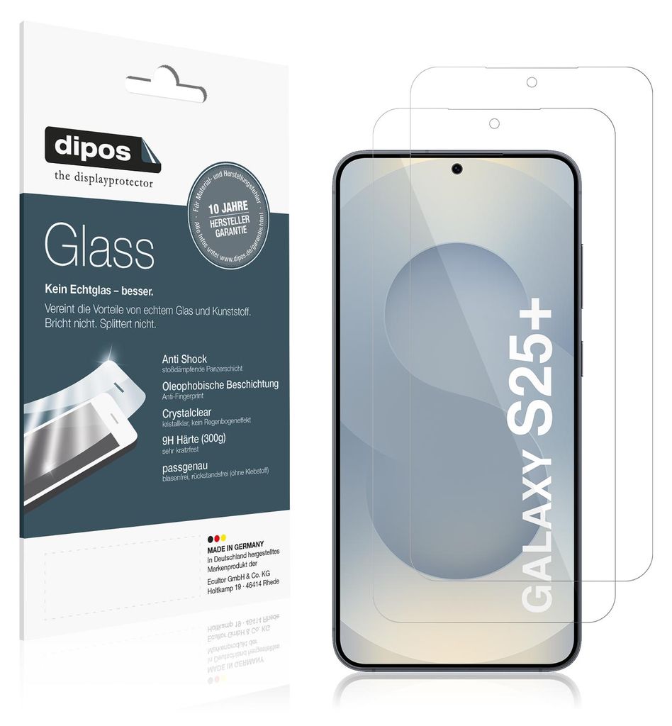 A product package for a screen protector for a Samsung Galaxy S25 Plus, with the screen protector shown on a phone.