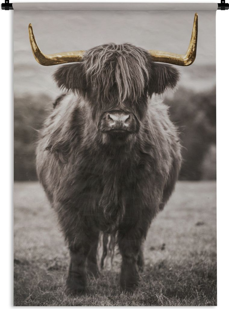 MuchoWow Wandteppich Wandbehang Scottish Highlander - Schwarz - Weiß - Gold 60x90 cm Tapisserie Dekoration Wandtuch - Foto-Teppich - Abwaschbar