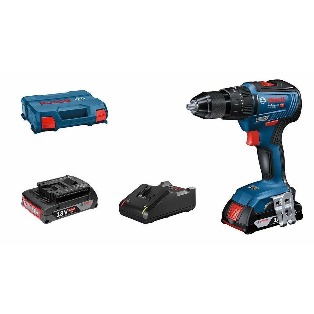 A Bosch cordless hammer drill with two batteries, a charger, and a case, laid out against a white background.