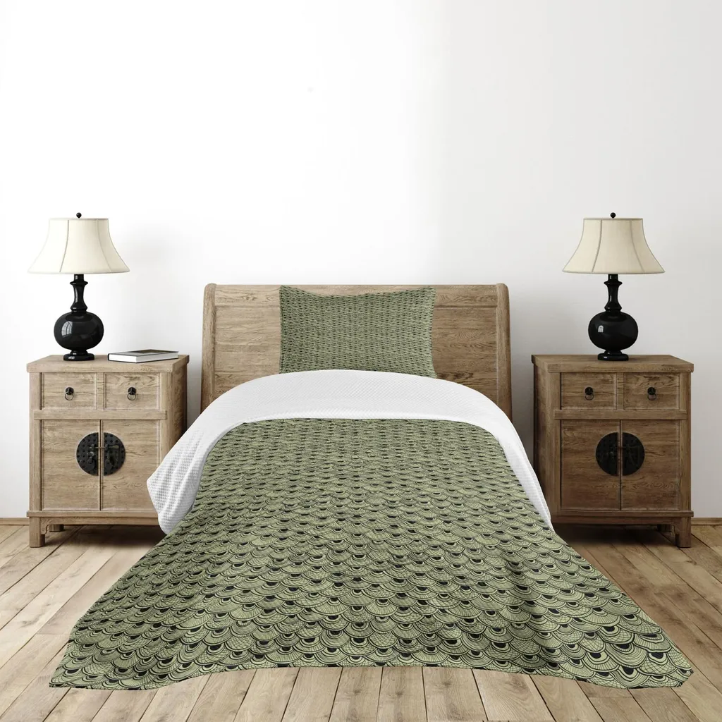 Set Letto ABAKUHAUS Squame Boho Nero Kaki | Copriletto 170x220 cm