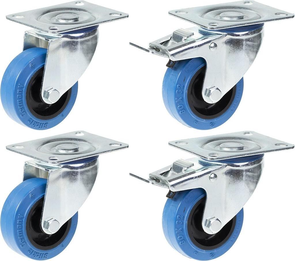 80mm 3" Lenkrollen aus blauem Gummi mit Bremse und starker 560kg Kapazität, 4er Set