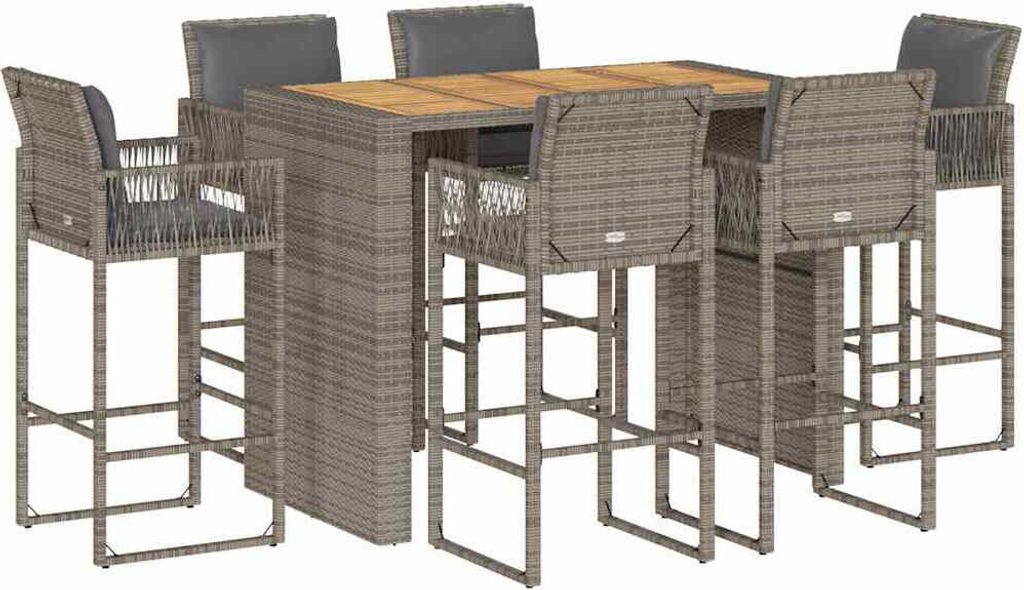 7-tlg. Gartenbar-Set mit Kissen Grau Poly Rattan Akazie