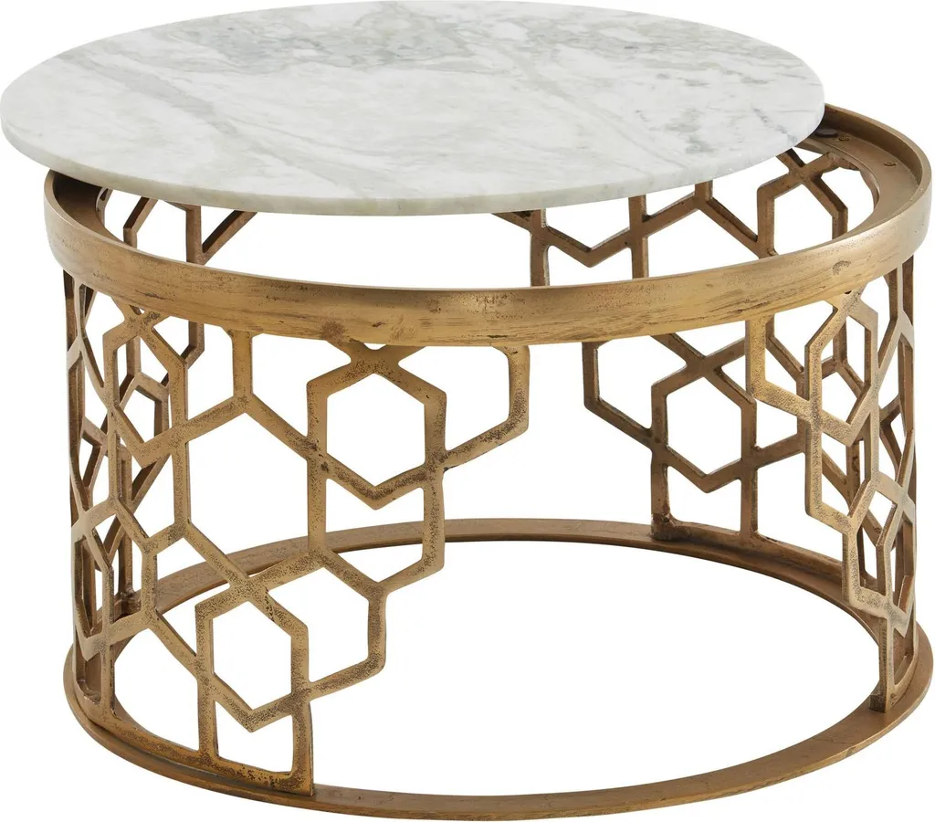 Table basse marbre blanc 60 cm luxe et structure acier doré brillant