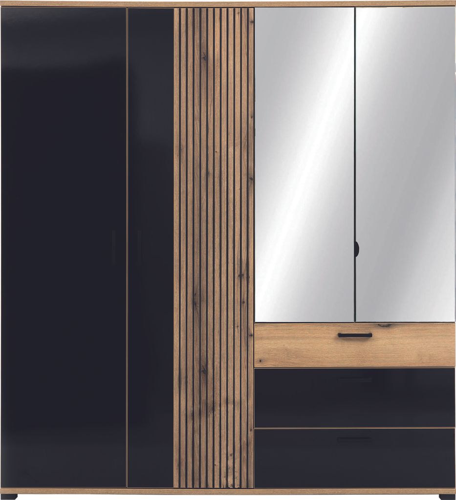 Furniture24 Kleiderschrank 188x206x55 cm ARIS AS11 Schrank 4 Türiger mit 4 Schubladen 3 Kleiderstangen Evoke Eiche/Schwarz Glanz