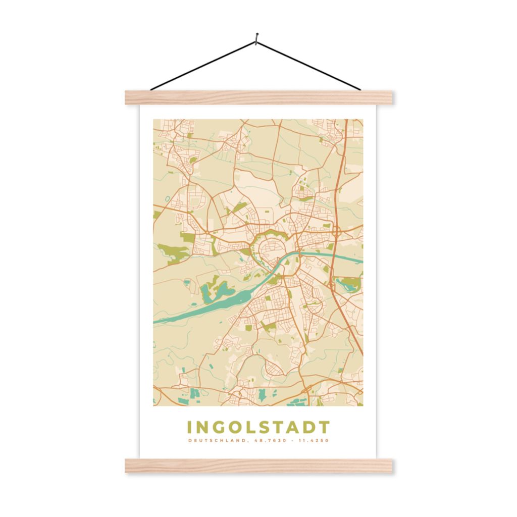 MuchoWow Textilposter Ingolstadt - Karte - Stadtplan - Vintage 120x180 cm mit holzfarbenen Rahmen - Textil-Plakat
