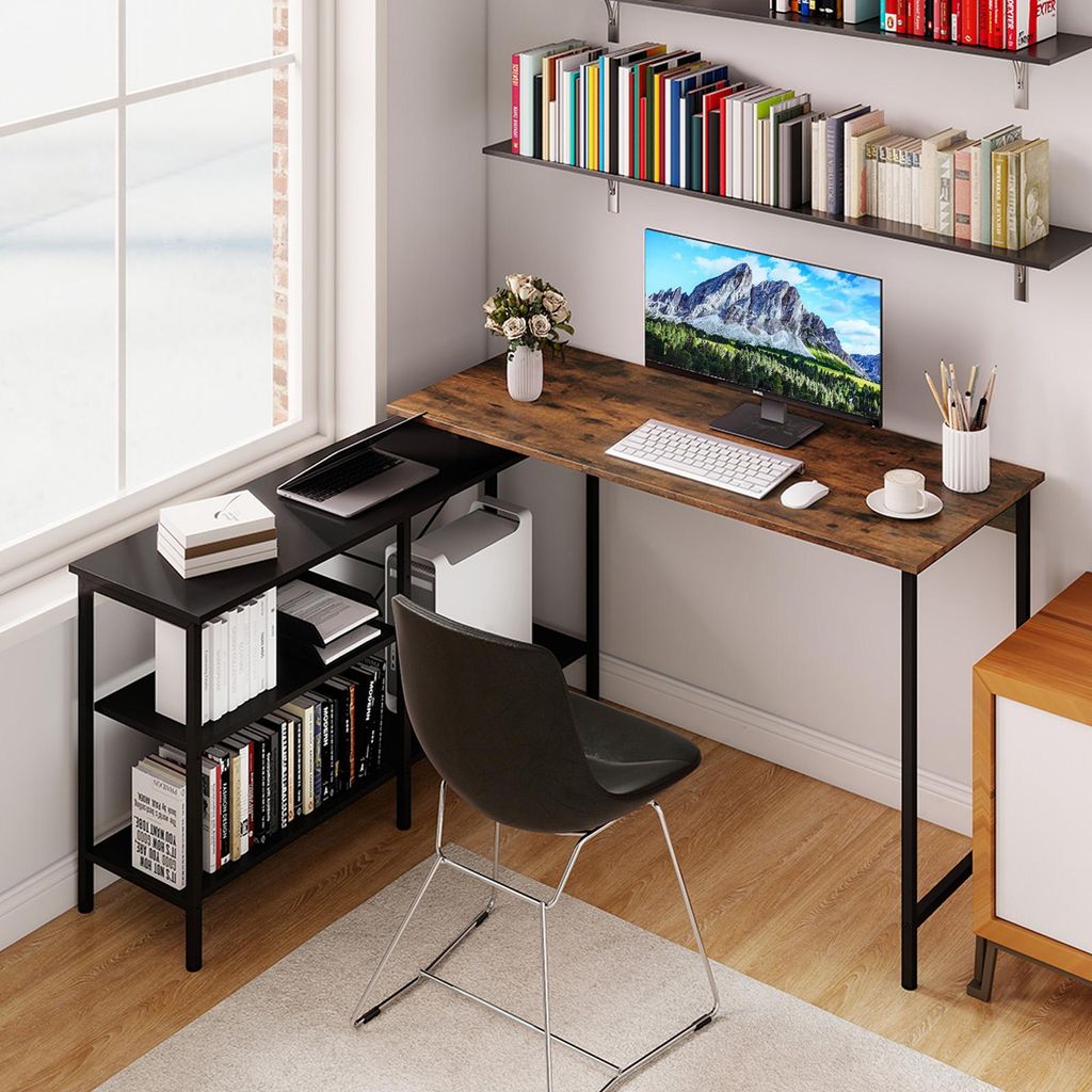 Eckschreibtisch wendbar, L-förmiger Computerschreibtisch mit 2 Ablageflächen und Metallrahmen, Bürotisch 135 x 120 x 74,5 cm