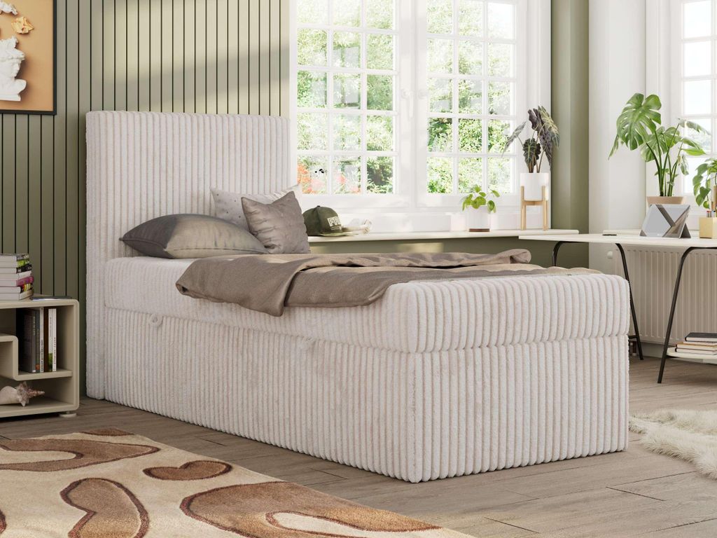 MKS MEBLE Jugendbett TILIO, Einzelbett mit Stauraum, Cordstoff, Boxspringbett 90x200 mit 7-Zonen-Taschenfederkern H3 - Beige Cord - Links Seite