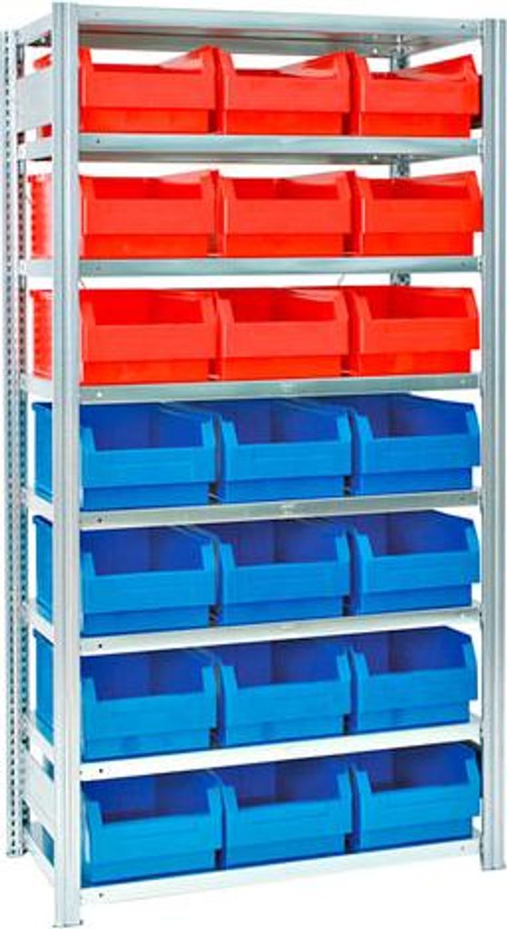Steckregal BERT - Anbauregal mit 21 Sichtlagerkästen - 8 Böden - 150 kg - 2.000 x 1.005 x 500 mm (HxBxT) - erweiterbar - verzinkt - BERT
