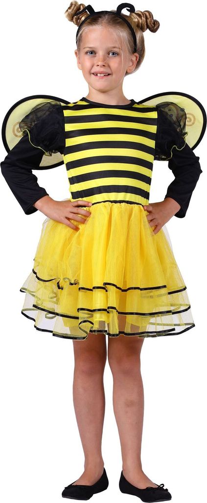 Bienen-Kostüm Für Mädchen – 3-teilig (Kleid, Haarreif, Flügel) – Größe 140-152, Schwarz-gelb