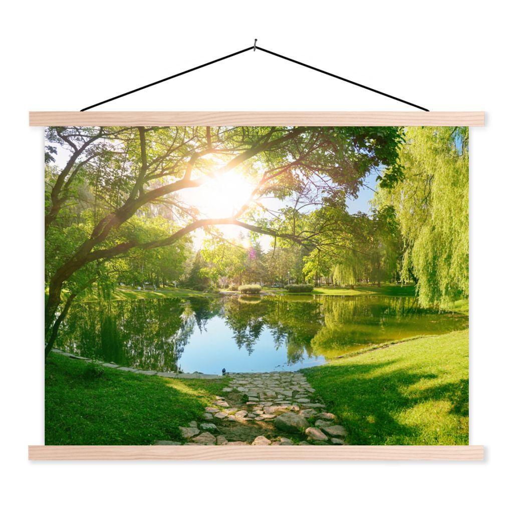 MuchoWow Textilposter Bäume - See - Sonne - Gras - Natur 60x45 cm mit holzfarbenen Rahmen - Bild