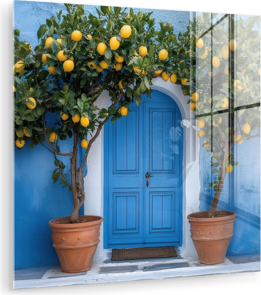 MuchoWow Glasbilder - Bilder auf Wandbild - Foto auf Glas Zitronenbäume - Gelb - Tür - Töpfe 50x50 cm Wanddekoration aus Glas - Acrylglasbild - ...