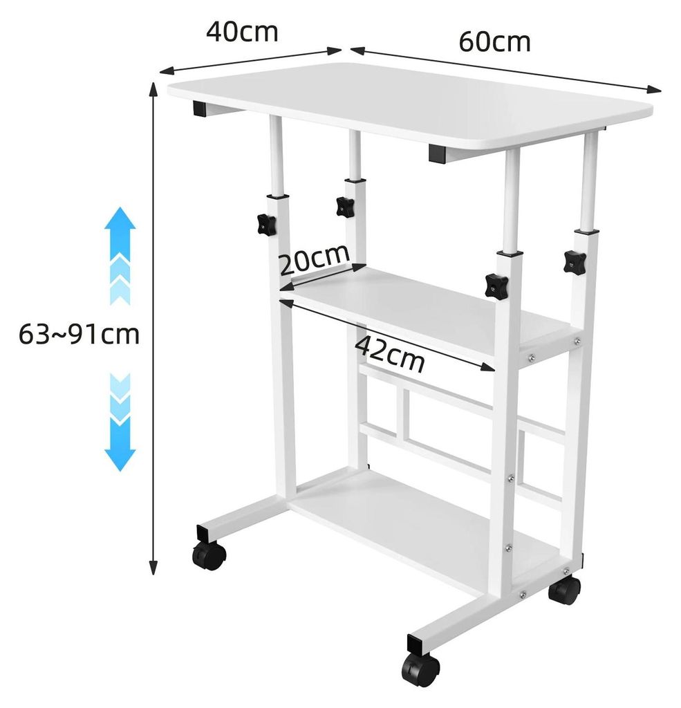 Rolltisch für Sofa und Bett - Höhenverstellbarer Laptoptisch 63–91 cm - U-Form - 2 Ablagen - 4 feststellbare Rollen - Metallgestell - Weiß
