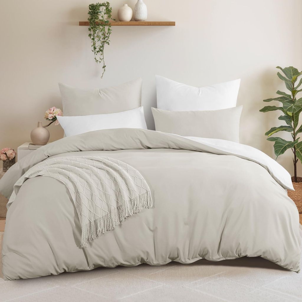 Bettwäsche Set 200x200 cm Beige Weiß - 3-teilig mit Produktbild 