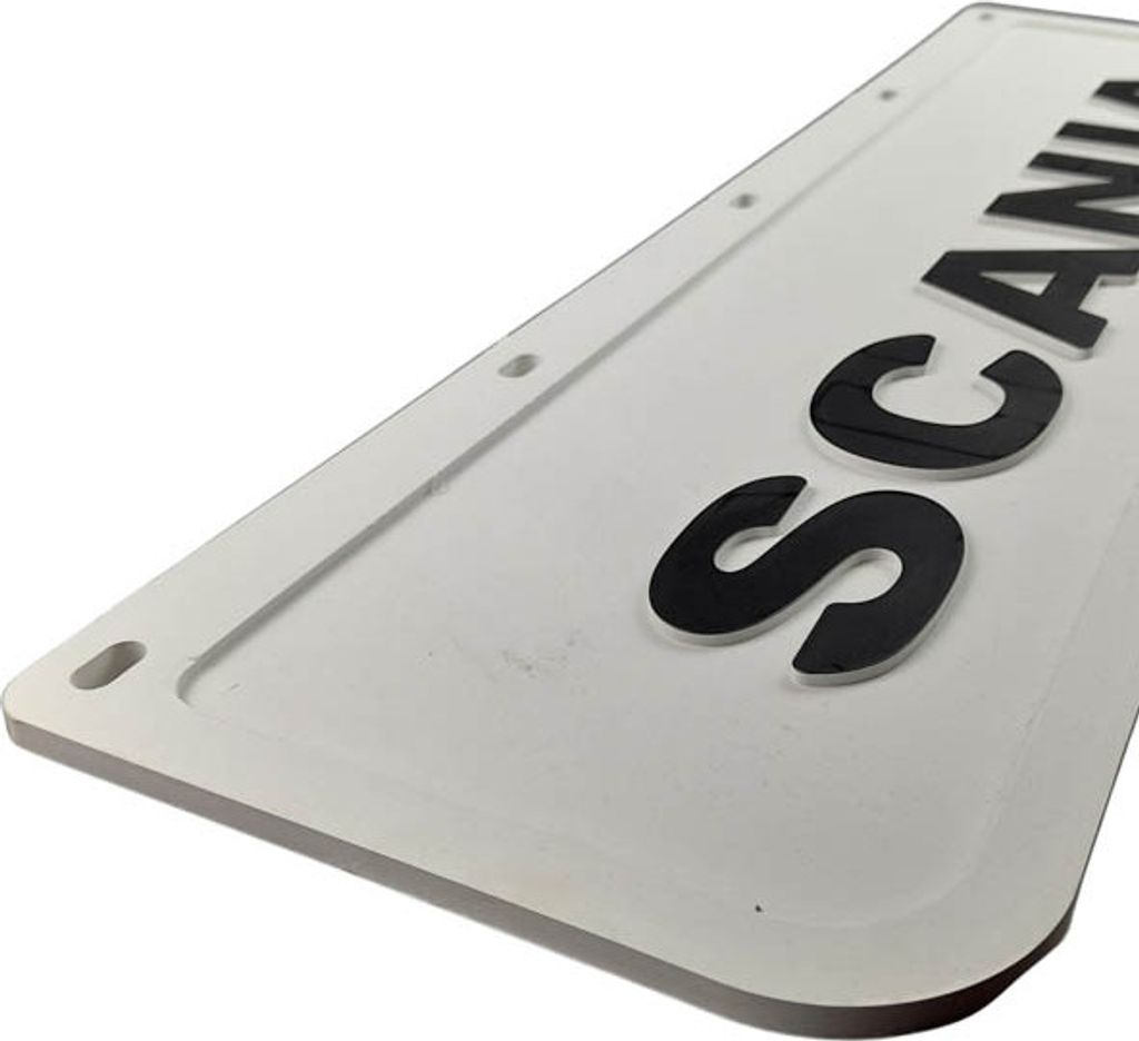 Close-up view of a white license plate with black raised lettering.