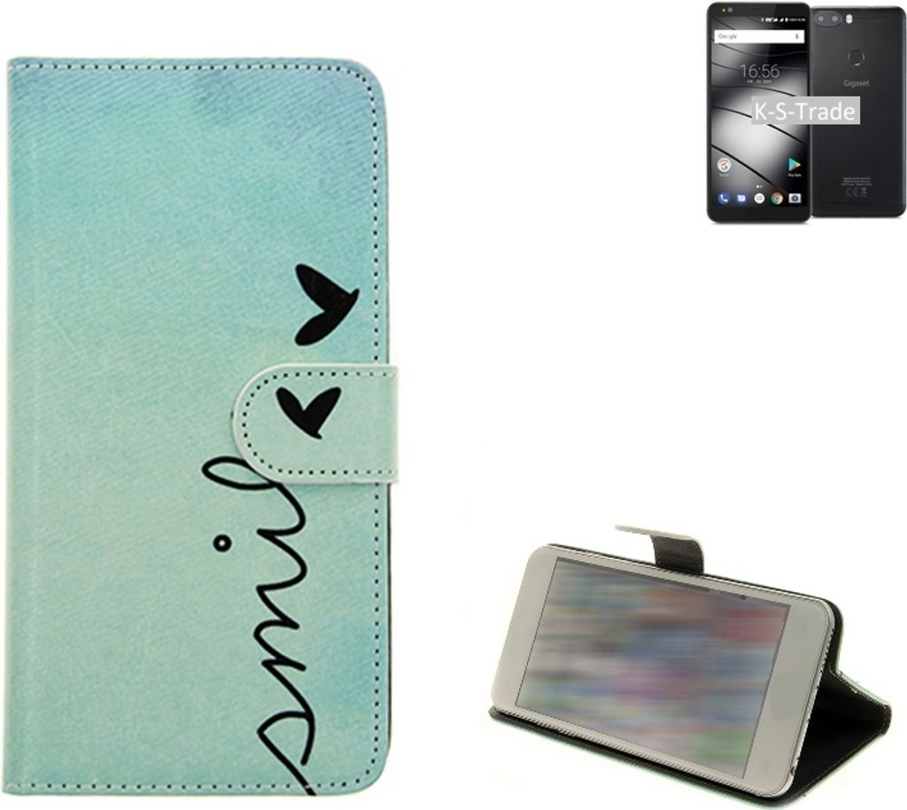 K-S-Trade Schutz-Hülle Handy-Hülle kompatibel mit Gigaset GS370 Plus Hülle Wallet Case Flip cover bookstyle Etui Handyhülle ''smile'' türkis