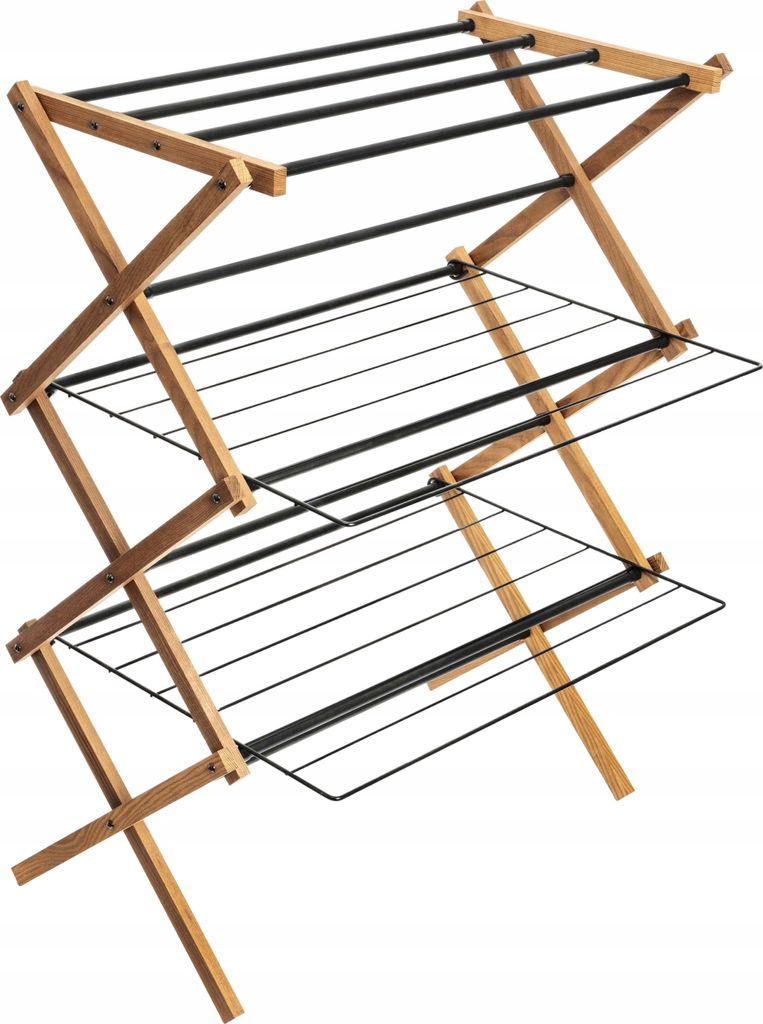 A wooden drying rack with multiple tiers.