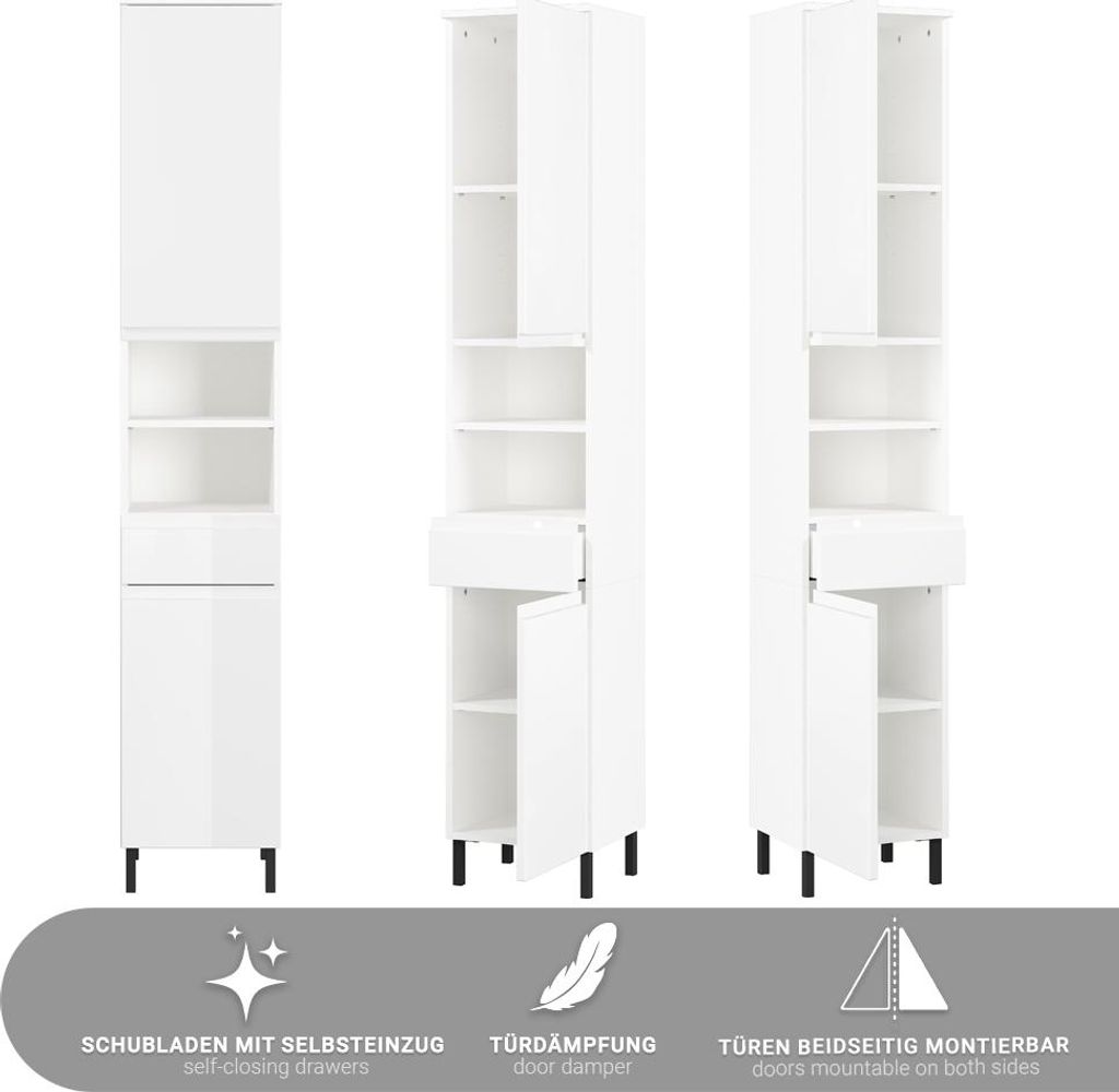 Badezimmer-Hochschrank 34 cm breit in weiß Hochglanz, 2 Türen, 1 Schublade - SALO-01